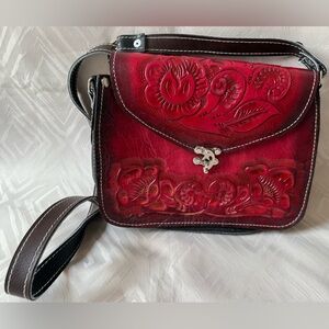 Hand Tooled Embossed Red Floral Embossed Leather Bag Crossbody Purse Mexico